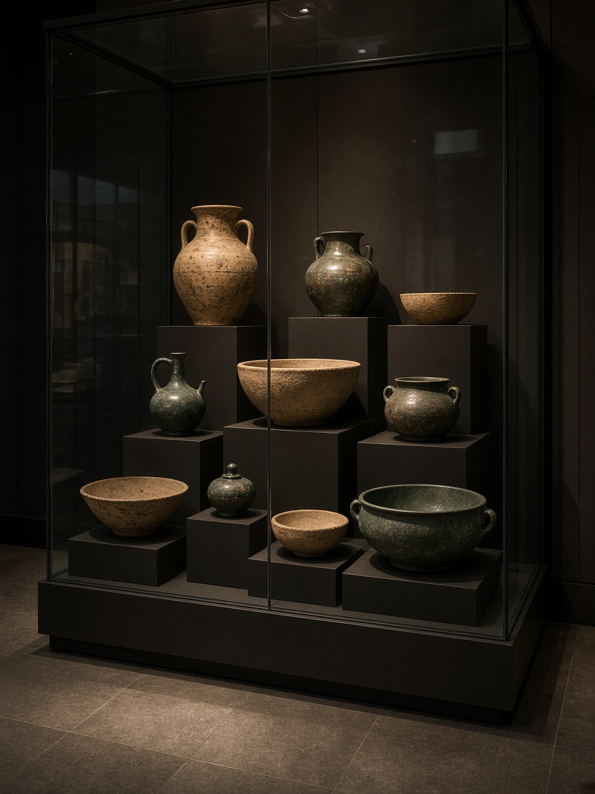 Museum display case of ceramic vessels and artefacts
